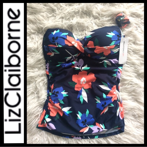 NWT Liz Claiborne Navy Floral Bandeau Tankini Top - Picture 1 of 5